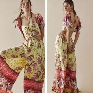 Free People Bali Citrus Skies Paisley Ruched Halter Neck Cut Out Jumpsuit medium